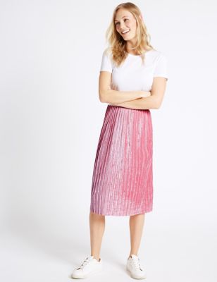 Crushed Velvet Pleated A-Line Midi Skirt
